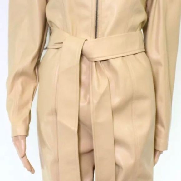 INC Womens Jumpsuit Beige Size Medium M Faux Leather Puff Sleeve$129 - Picture 3 of 5